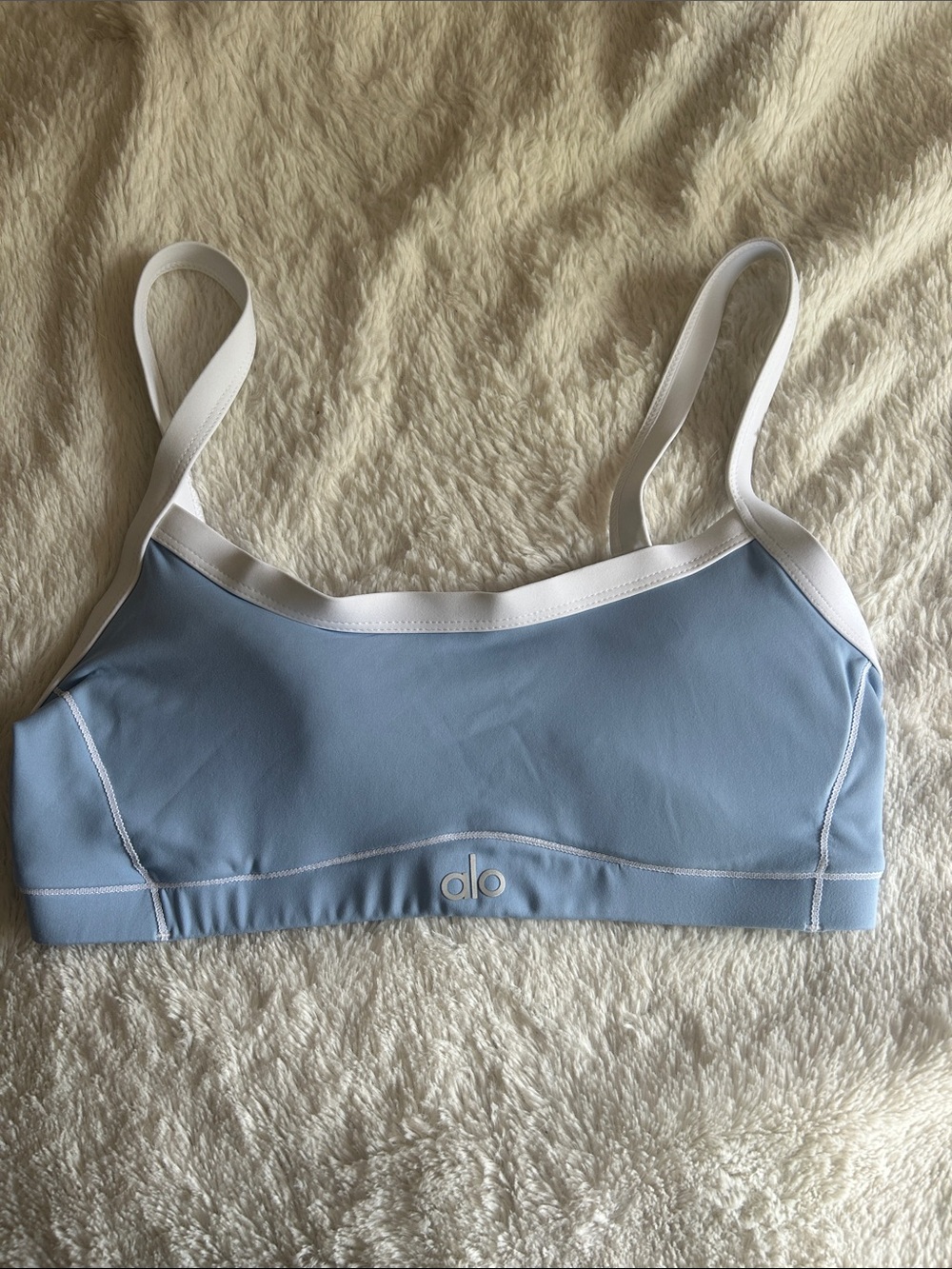 ALO Yoga Light Blue Sports Bra with White Trim